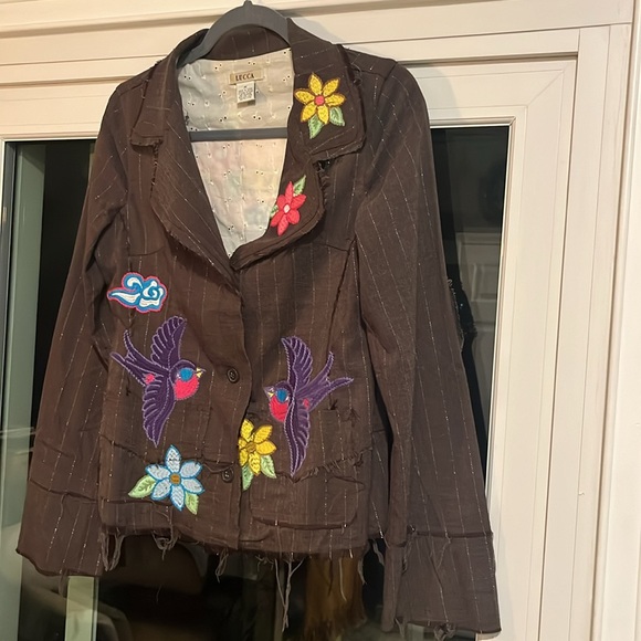 Lucca M Patchwork Denim Jacket 70's Hippie Style Embroidered Loose Threads Lined - Picture 3 of 7